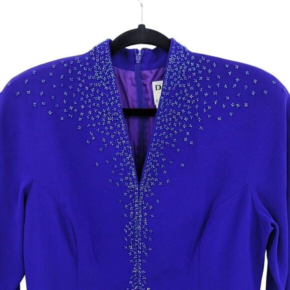 Vintage 80's Daymor Couture Gown 6 Blue Peplum Beaded Front Slit Modest Sexy - Picture 8 of 17
